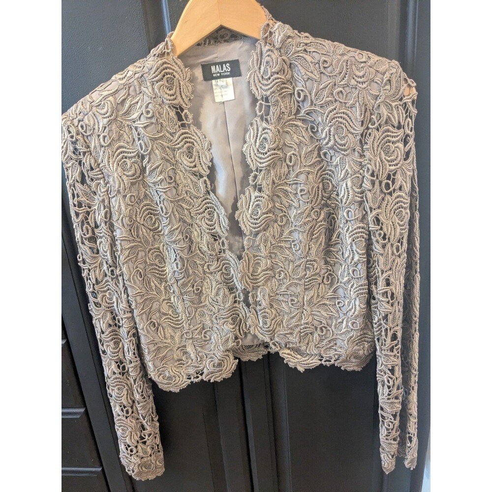 Vintage Malas NY Taupe Heavy  Lace Floral Bolo Crop Evening Jacket Sz M Luxe